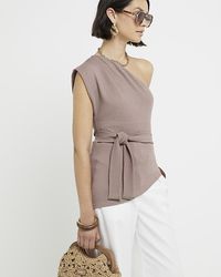 River Island - Brown Belted Asymmetric Top - Lyst