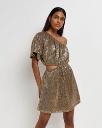 River Island Gold Sequin One Shoulder Mini Dress - Metallic