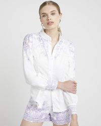 River Island - White Floral Puff Sleeve Shirt - Lyst