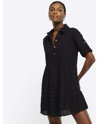 River Island - Black Textured Button Up Mini Shirt Dress - Lyst