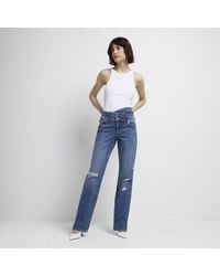 River Island - Blue Ripped High Waisted Straight Leg Jeans - Lyst