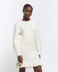 River Island - Cream Cable Knit Jumper Mini Dress - Lyst