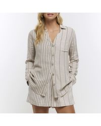 River Island - Beige Stripe Long Sleeve Shirt With Linen - Lyst
