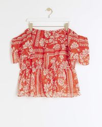 River Island - Plus Red Floral Frill Bardot Top - Lyst