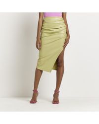 River Island - Green Faux Leather Ruched Midi Skirt - Lyst