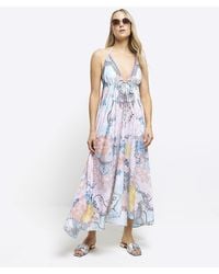 River Island - Blue Floral Plunge Slip Maxi Dress - Lyst