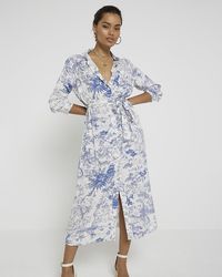 River Island - Petite Blue Floral Belted Midi Shirt Dress - Lyst
