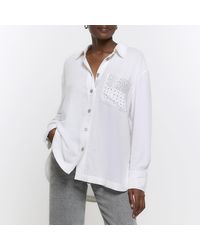 River Island - White Embellished Pocket Shirt With Linen - Lyst