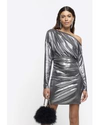 River Island - Silver Drape Asymmetric Bodycon Mini Dress - Lyst