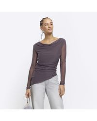River Island - Grey Mesh Ruched Long Sleeve Top - Lyst