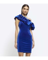 River Island - Blue Velvet Off Shoulder Bodycon Mini Dress - Lyst