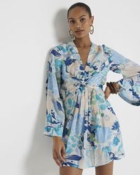 River Island - Floral Print Front Tie Mini Dress - Lyst