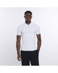 River Island - White Muscle Fit Ribbed Half Zip Polo Shirt - Lyst