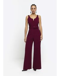 River Island - Red Belted Wide Leg Jumpsuit - Lyst
