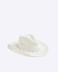 River Island - White Shell Cowboy Straw Hat - Lyst