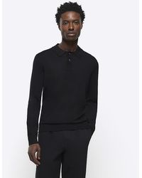 River Island - Black Slim Fit Knitted Long Sleeve Polo - Lyst