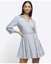 River Island - Blue Stripe Tie Waist Mini Shirt Dress - Lyst