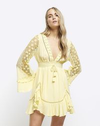 River Island - Yellow Lace Sleeve Beach Mini Dress - Lyst