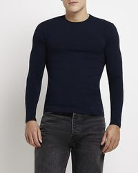 River Island - Navy Muscle Fit Long Sleeve T-shirt - Lyst