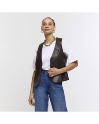 River Island - Brown Faux Leather Waistcoat - Lyst