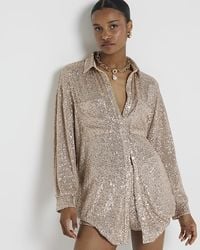 River Island - Rose Gold Sequin Oversized Long Sleeve Shirt - Lyst