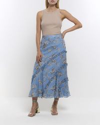 River Island - Blue Floral Tiered Midi Skirt - Lyst