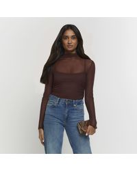 River Island - Brown Mesh Ruched Long Sleeve Top - Lyst