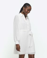 River Island - White Plisse Tie Waist Mini Shirt Dress - Lyst