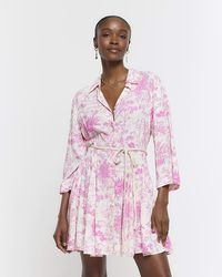 River Island - Pink Floral Belted Mini Shirt Dress - Lyst