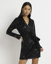 River Island - Black Sequin Long Sleeve Wrap Mini Dress - Lyst