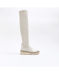 River Island - Cream Knitted High Leg Boots - Lyst