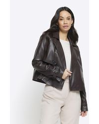 River Island - Brown Cropped Faux Leather Trench Coat - Lyst