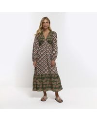 River Island - Green Print Long Sleeve Midi Dress - Lyst