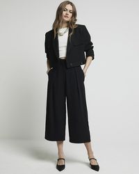 River Island - Black Wide Leg Pleated Cropped Trousers - Lyst