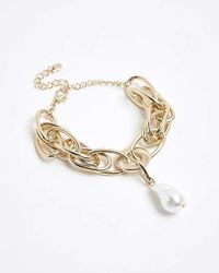 River Island - Gold Colour Chain Pearl Bracelet - Lyst