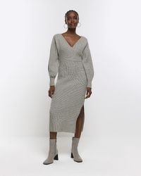 River Island - Grey Knit Wrap Jumper Midi Dress - Lyst
