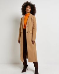 camel collarless longline coat