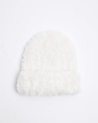 River Island - White Faux Fur Beanie Hat - Lyst