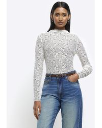 River Island - Cream Lace Long Sleeve Top - Lyst