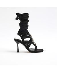 River Island - Black Embellished Tie Up Heeled Sandals - Lyst