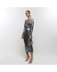 River Island - Silver Off Shoulder Bodycon Midi Dress - Lyst
