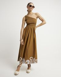 River Island - Brown Shirred One Shoulder Smock Midi Dress - Lyst