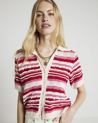 River Island - Pink Crochet Stripe Polo Top - Lyst