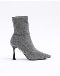 River Island - Silver Wide Fit Glitter Heeled Ankle Boots - Lyst