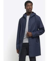 River Island - Navy Regular Fit Hooded Rain Coat - Lyst