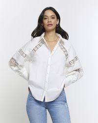 River Island - White Crochet Panel Oversized Shirt - Lyst