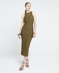River Island - Khaki Textured Bodycon Midi Dress - Lyst