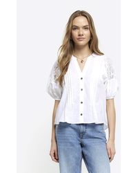 River Island - White Lace Panel Puff Sleeve Blouse - Lyst