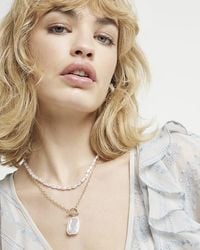 River Island - Gold Pearl Multirow Necklace - Lyst