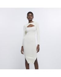 River Island - Cream Knit Cut Out Bodycon Midi Dress - Lyst